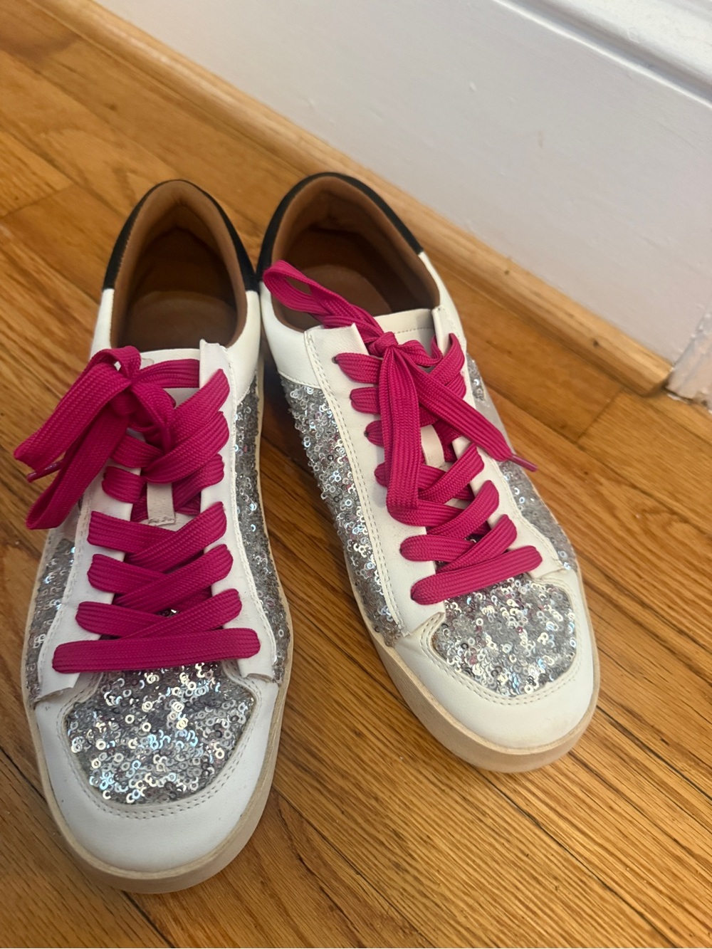 Women’s White Sequin Star Sneakers with Pink Laces - Picture 4 of 4